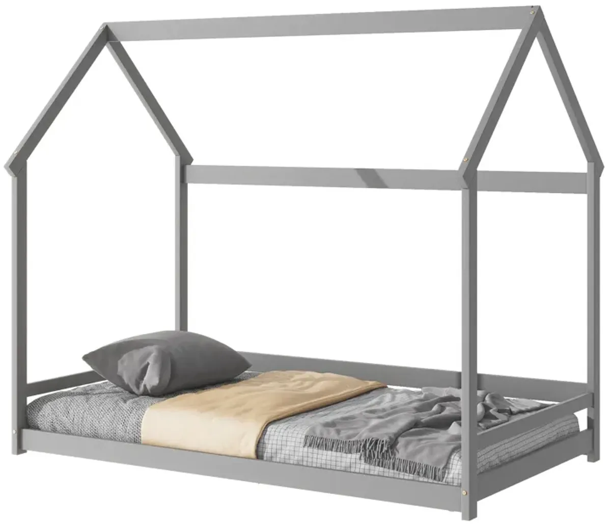 Wood House Bed With Storage Shelf And Hanger, Kids Bedroom Set