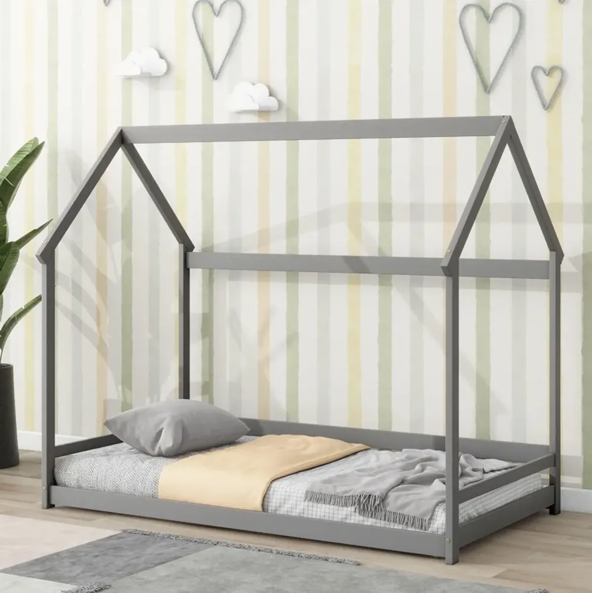 Wood House Bed With Storage Shelf And Hanger, Kids Bedroom Set