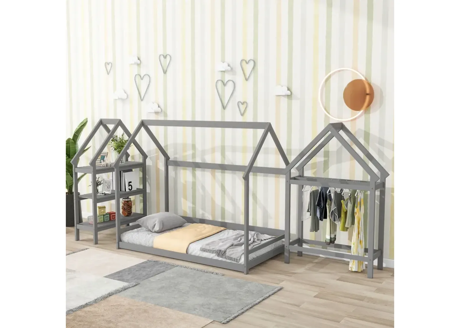 Wood House Bed With Storage Shelf And Hanger, Kids Bedroom Set