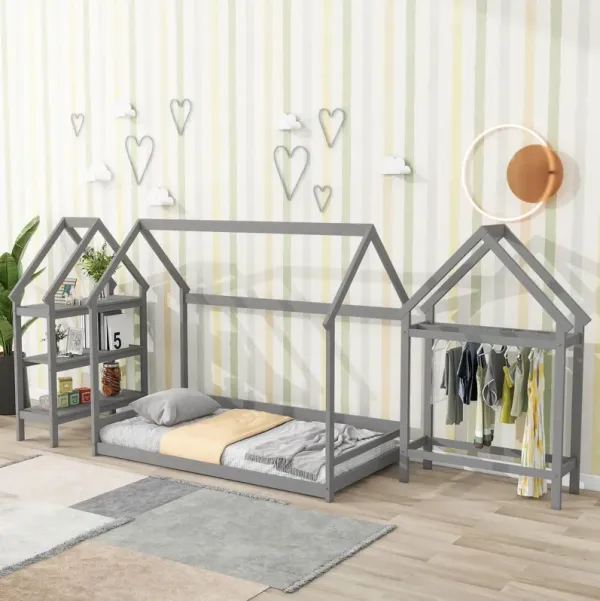 Wood House Bed With Storage Shelf And Hanger, Kids Bedroom Set