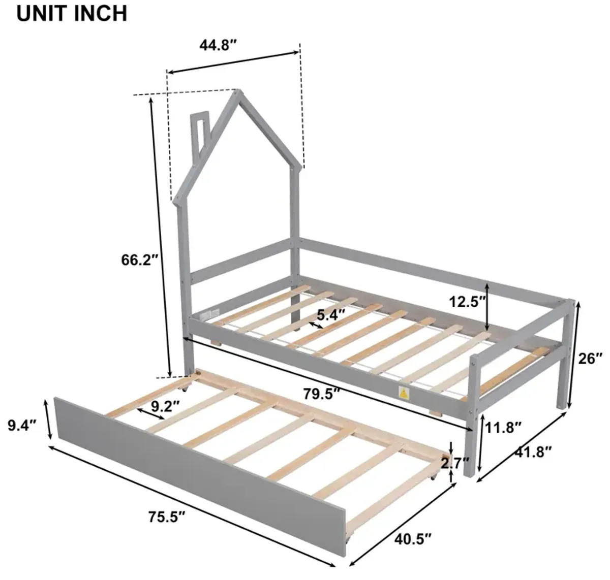 House Wooden Daybed With Trundle, House-Shaped Headboard Bed With Guardrails