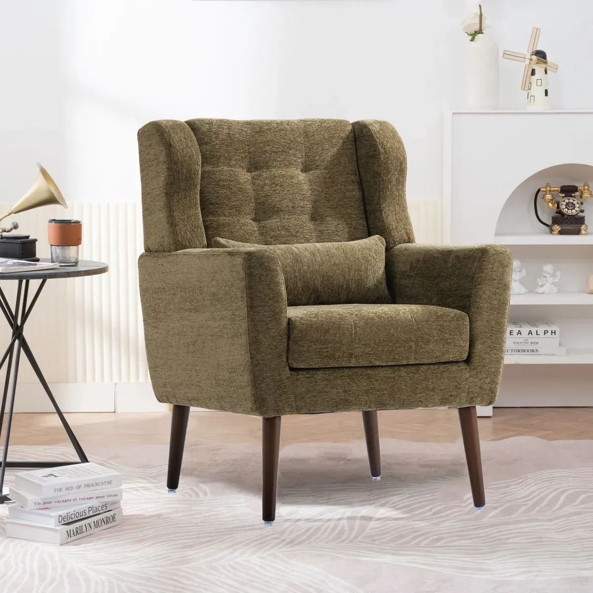 Modern Accent Chair, Chenille Arm Chairs For Living Room, Upholstered Mordern Armchair, Comfy Soft Padded Lounge Chair In Small Space, Bedroom, With Pillow, Solid Wood Leg