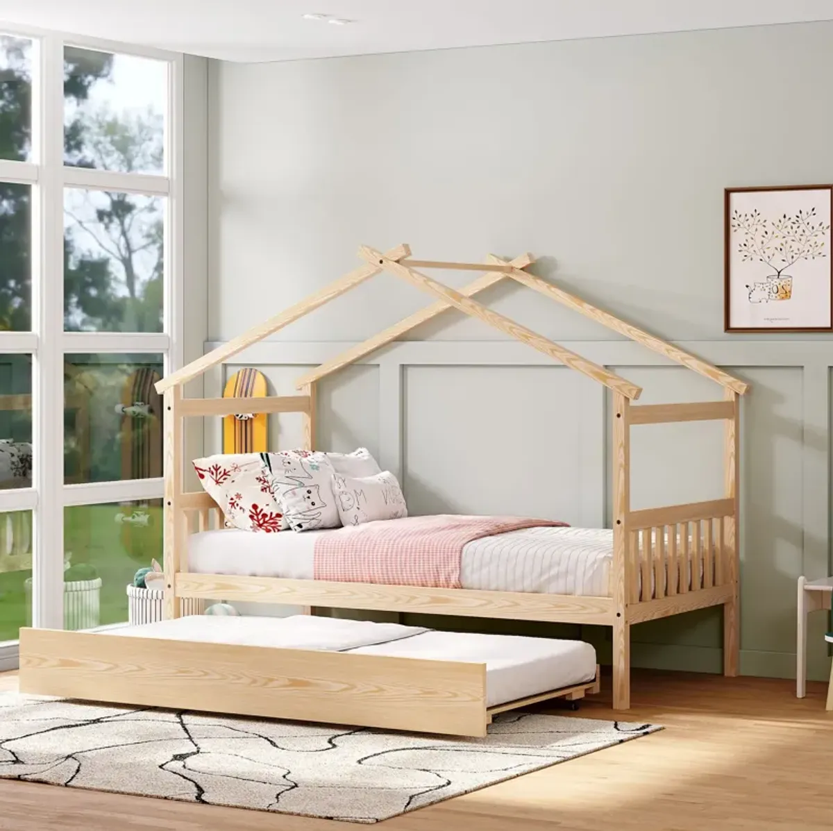 Wooden House Bed With Twin Size Trundle