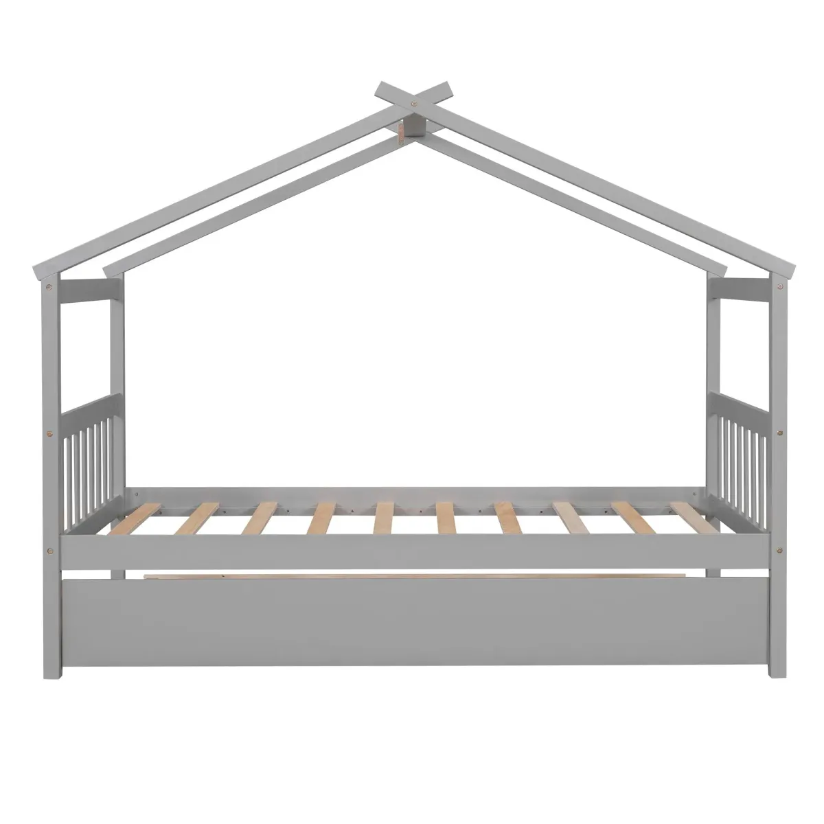 Wooden House Bed With Twin Size Trundle