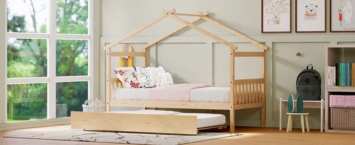 Wooden House Bed With Twin Size Trundle