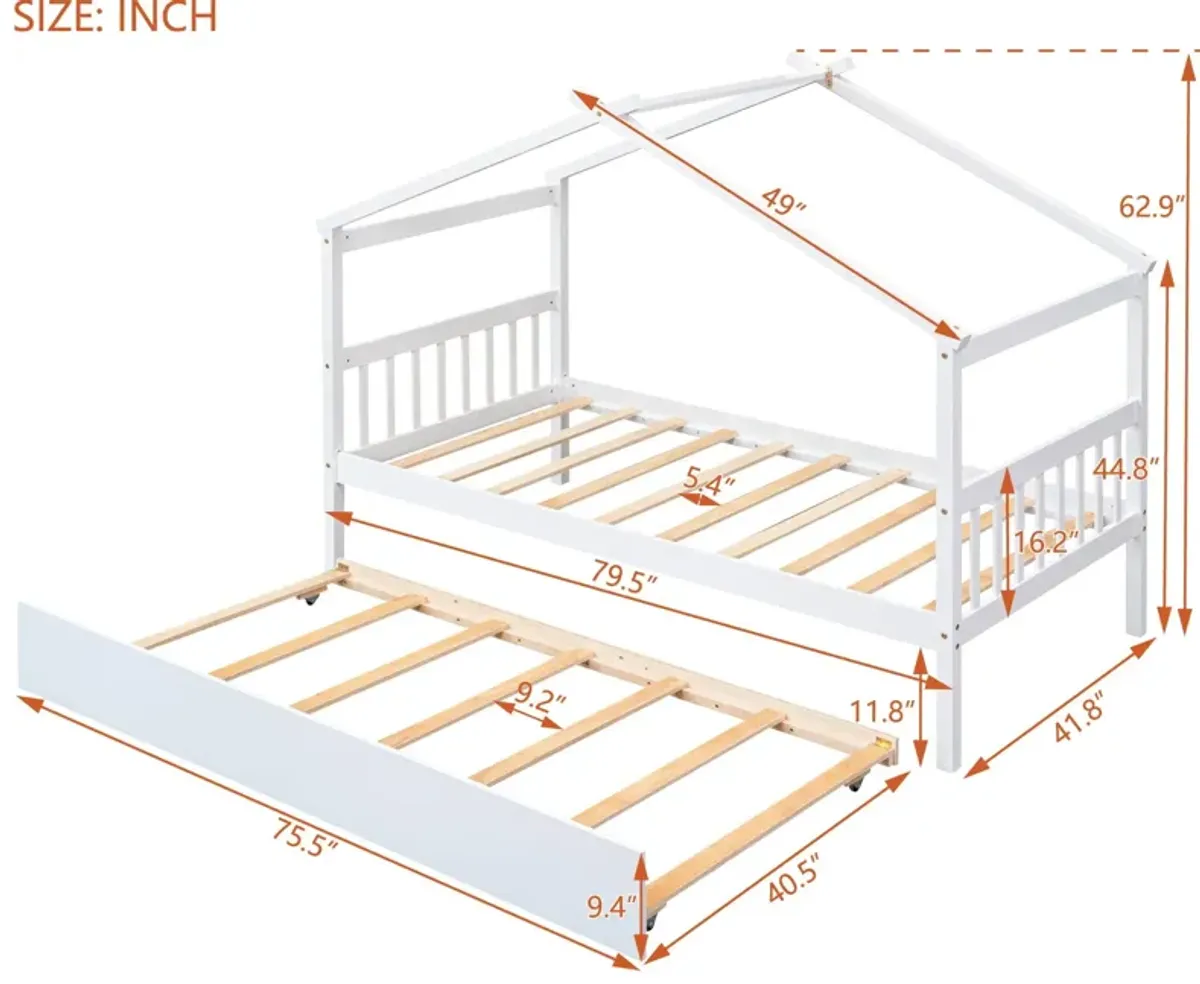 Wooden House Bed With Twin Size Trundle