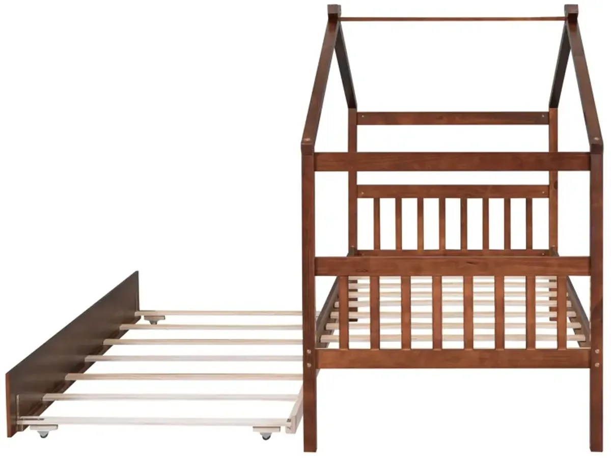 Wooden House Bed With Twin Size Trundle