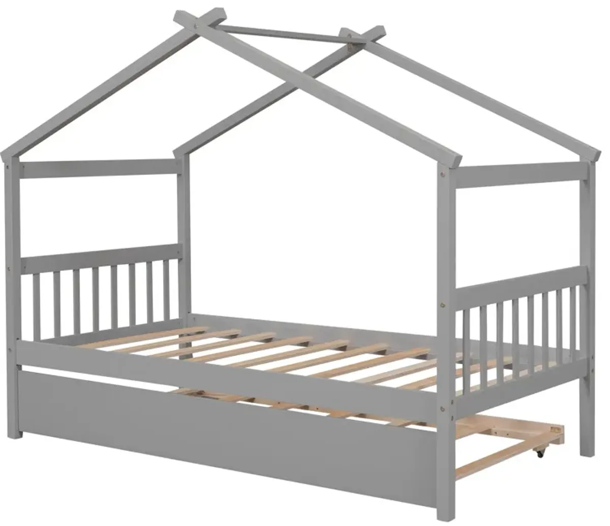 Wooden House Bed With Twin Size Trundle