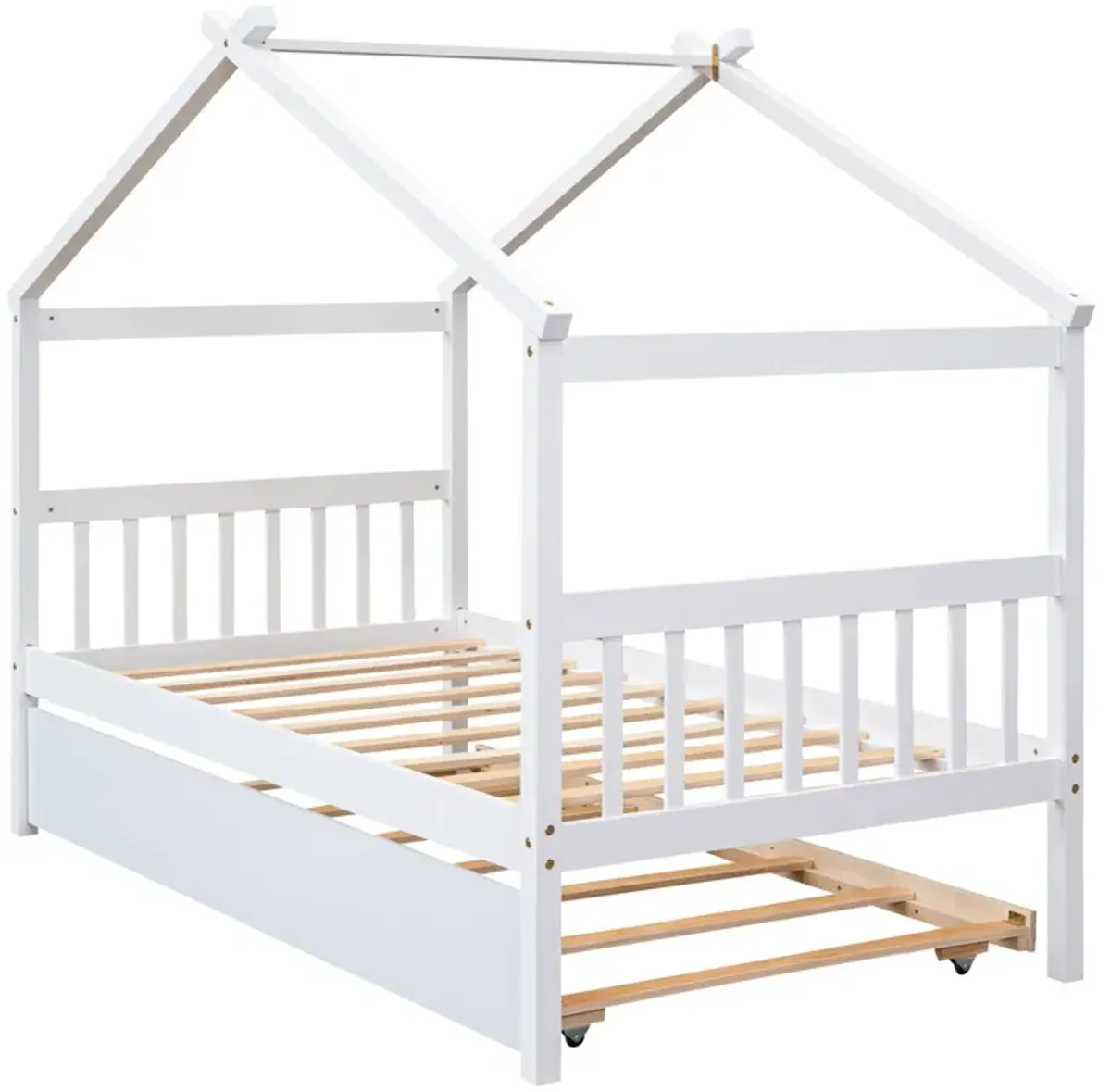 Wooden House Bed With Twin Size Trundle