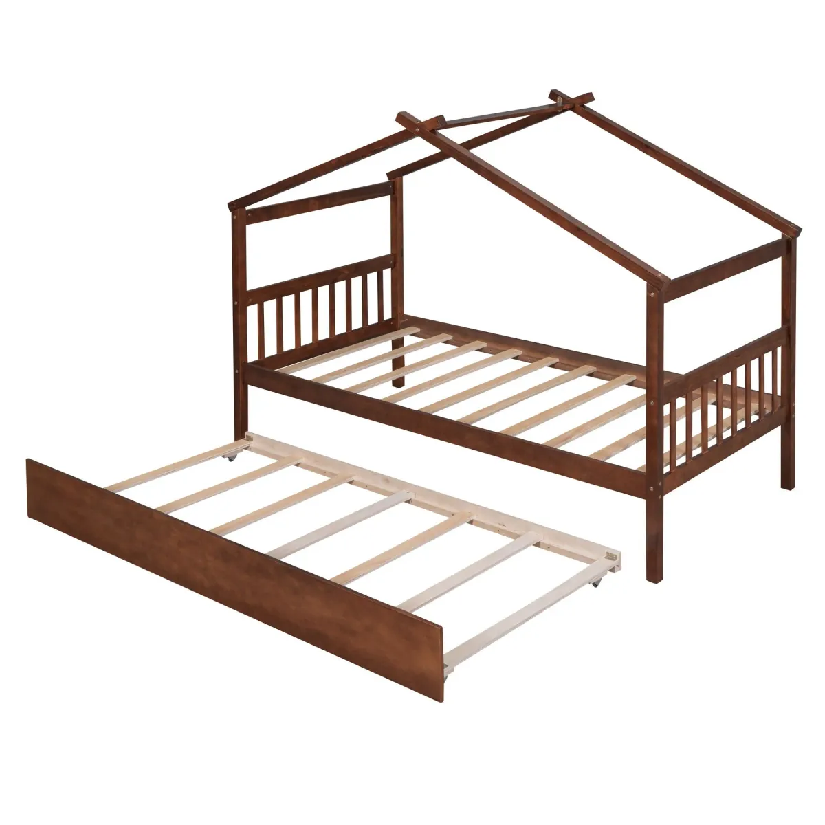 Wooden House Bed With Twin Size Trundle