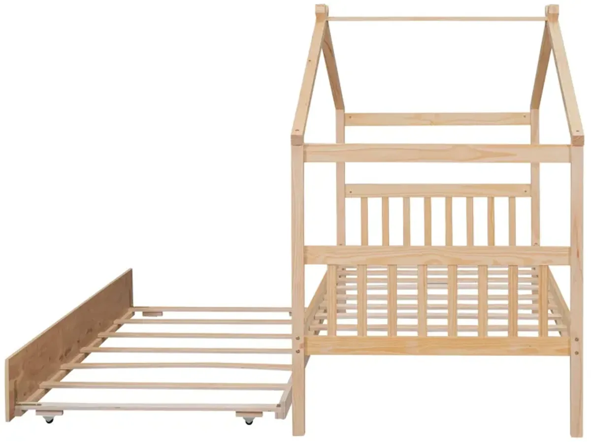 Wooden House Bed With Twin Size Trundle