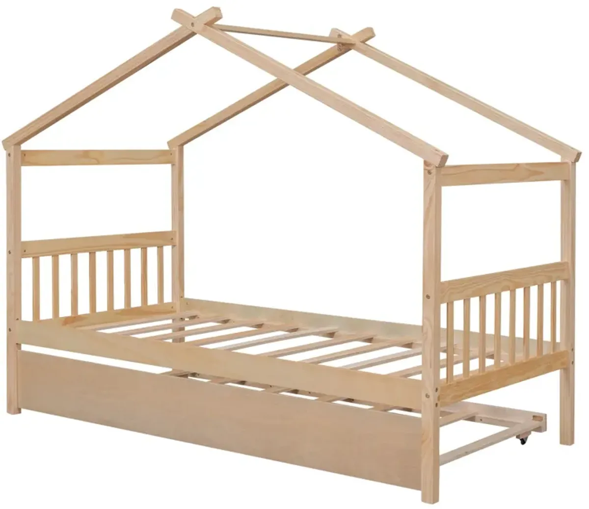 Wooden House Bed With Twin Size Trundle