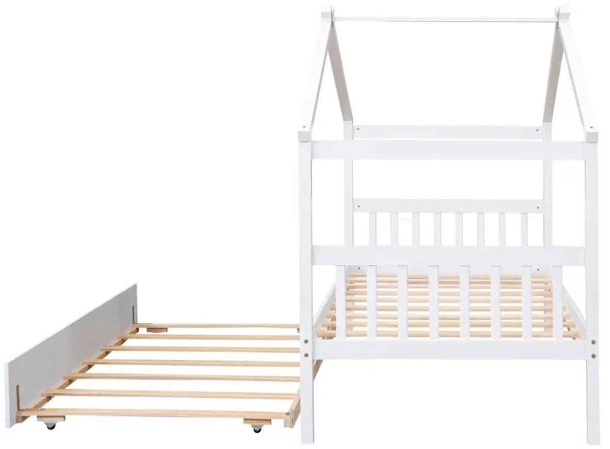 Wooden House Bed With Twin Size Trundle