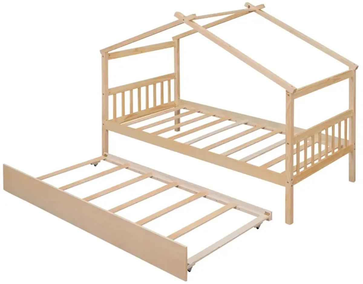 Wooden House Bed With Twin Size Trundle