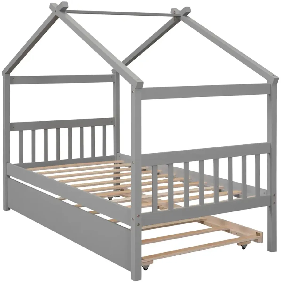 Wooden House Bed With Twin Size Trundle