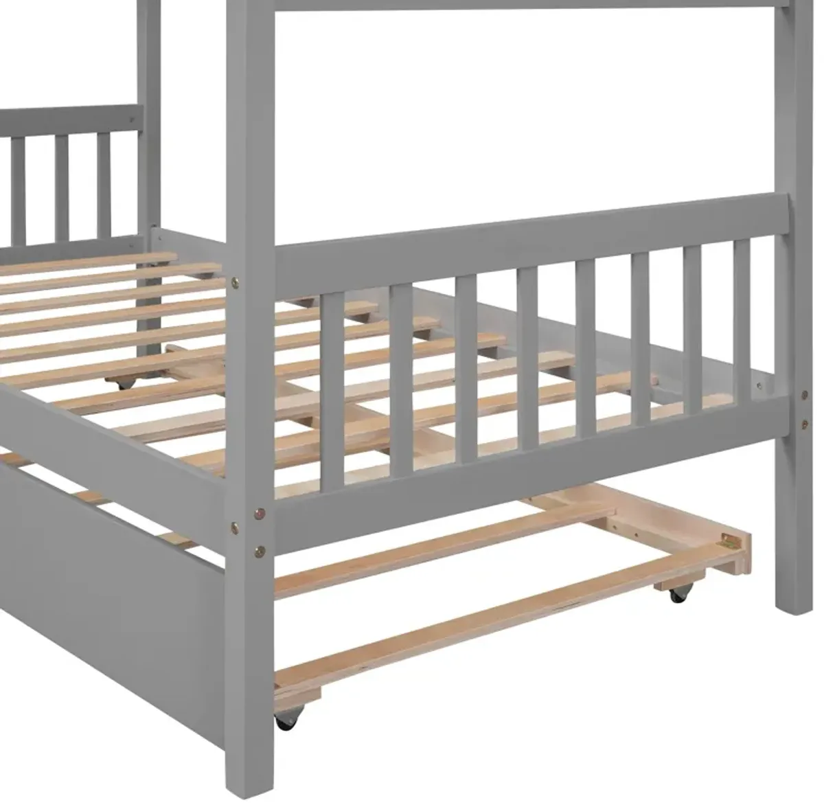 Wooden House Bed With Twin Size Trundle