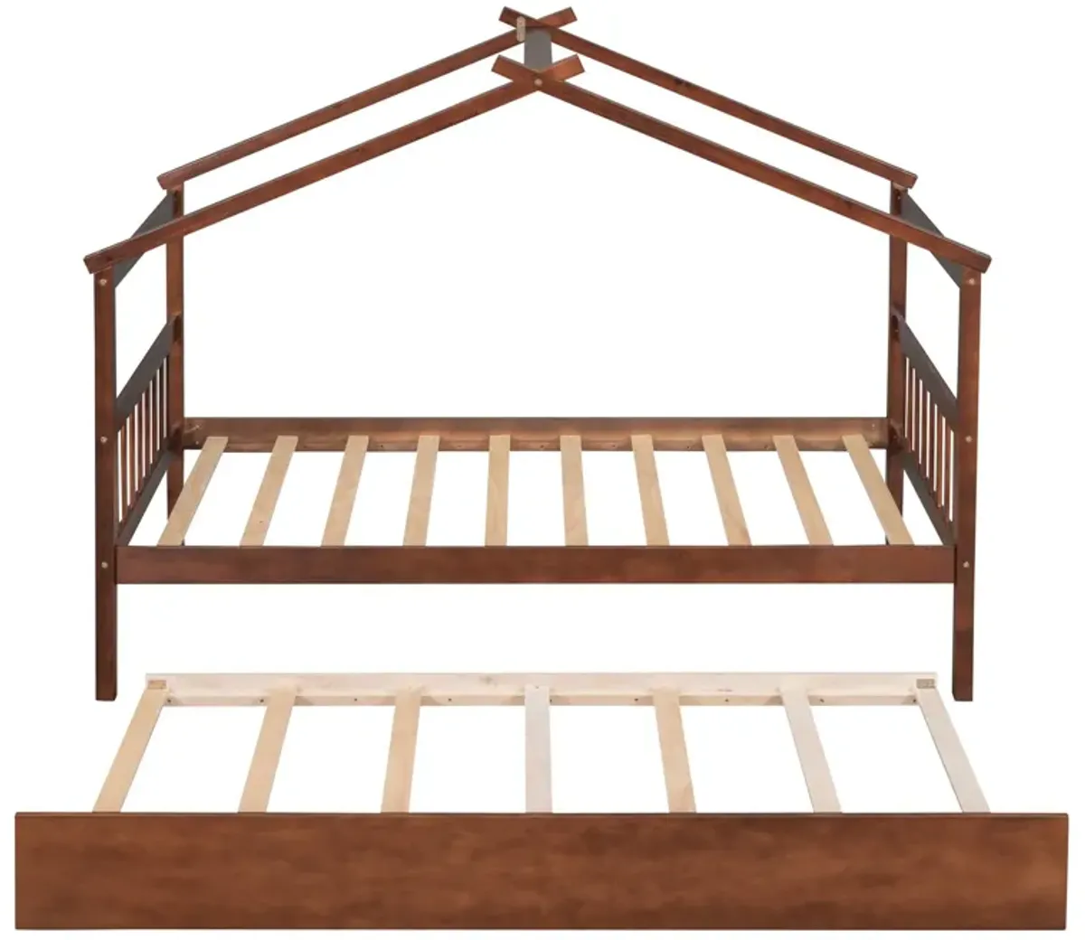 Wooden House Bed With Twin Size Trundle