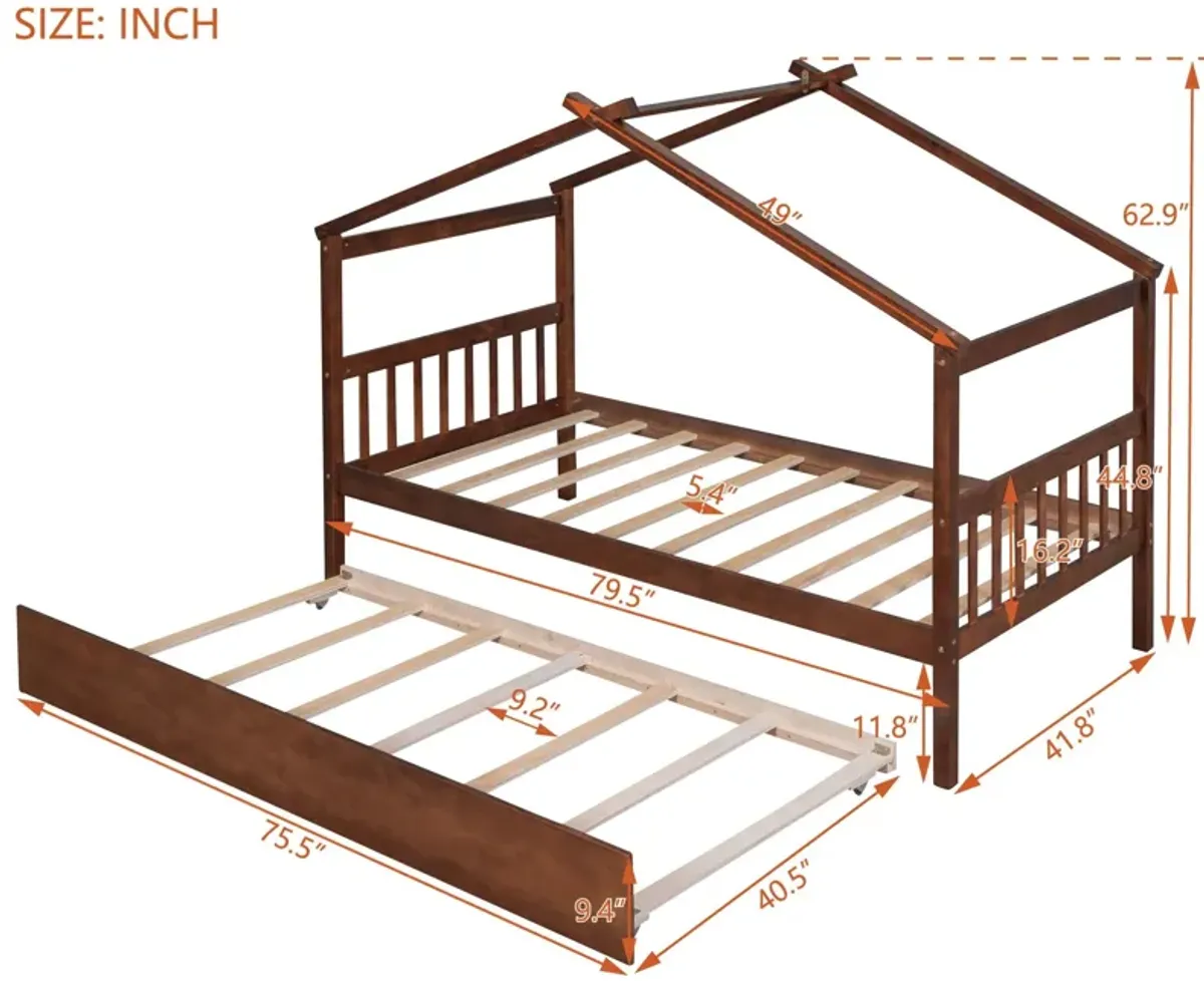 Wooden House Bed With Twin Size Trundle