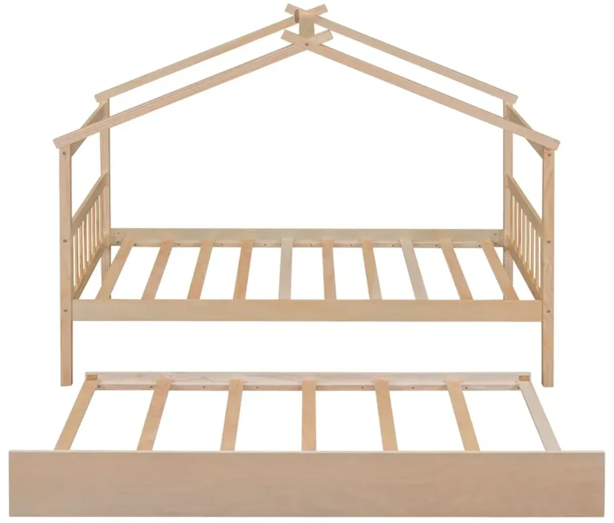 Wooden House Bed With Twin Size Trundle