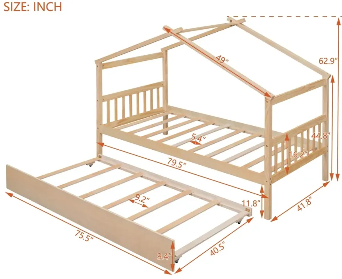 Wooden House Bed With Twin Size Trundle