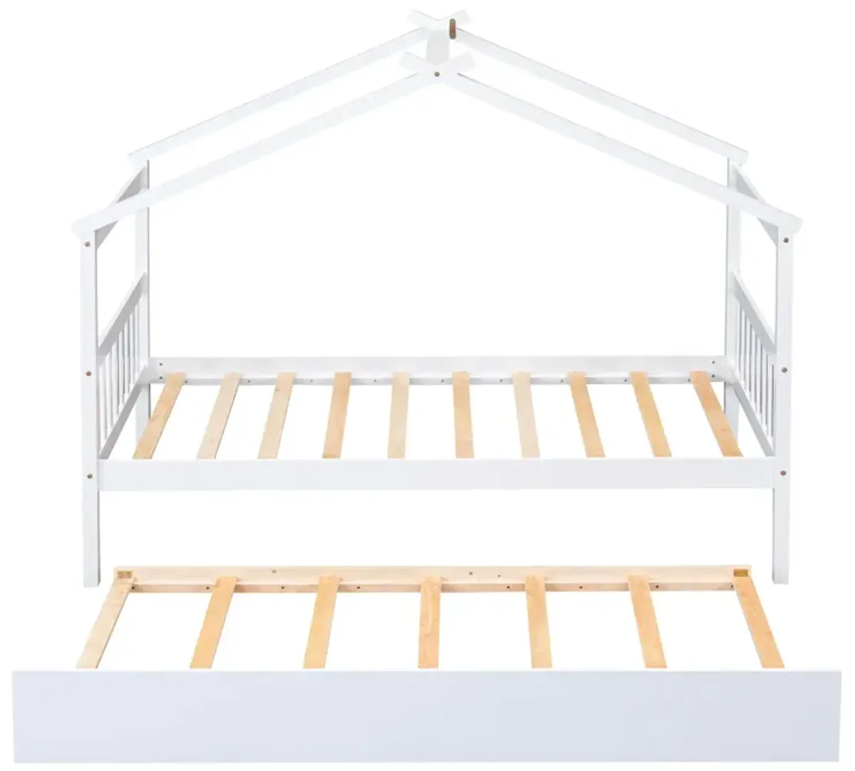 Wooden House Bed With Twin Size Trundle