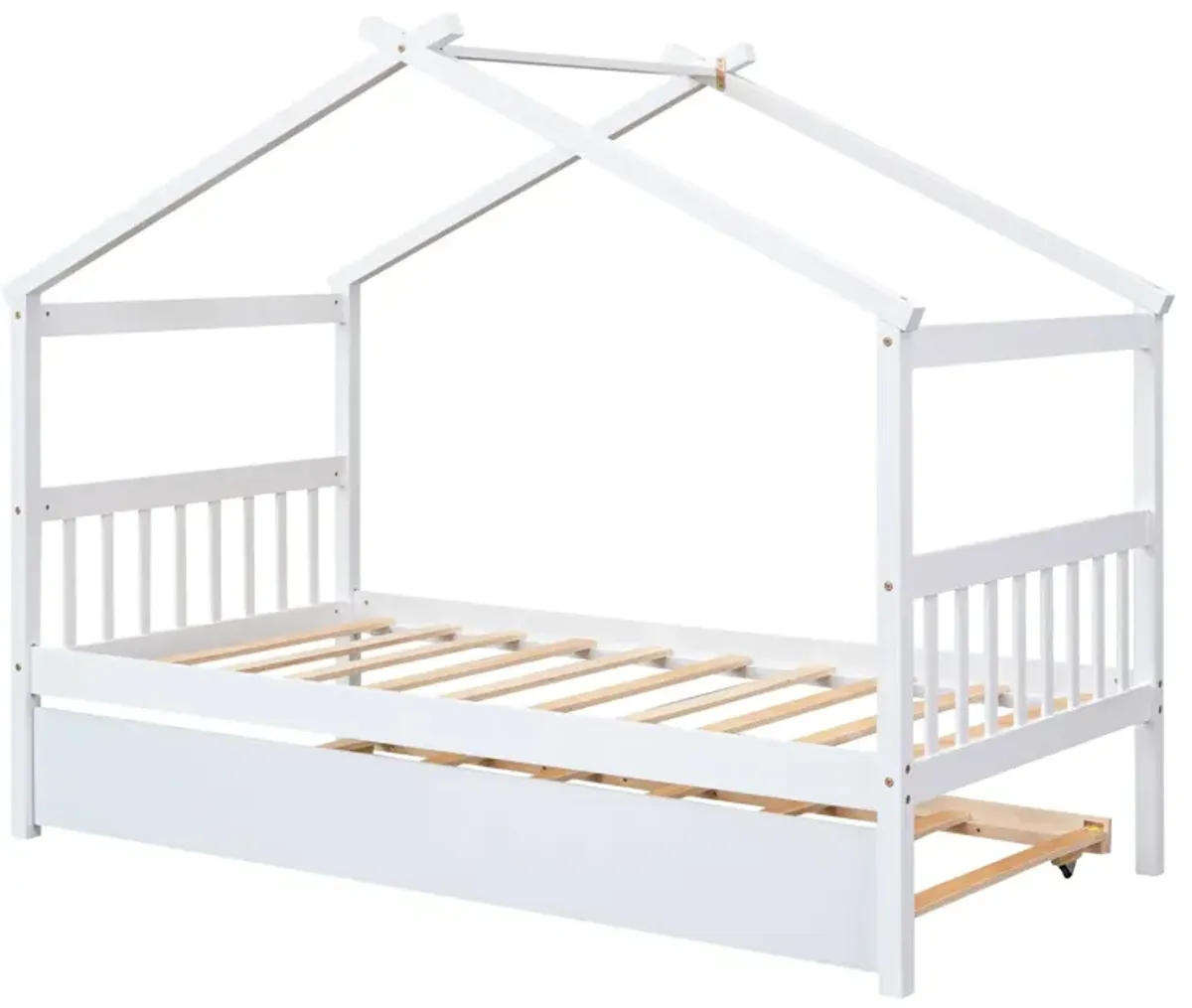 Wooden House Bed With Twin Size Trundle