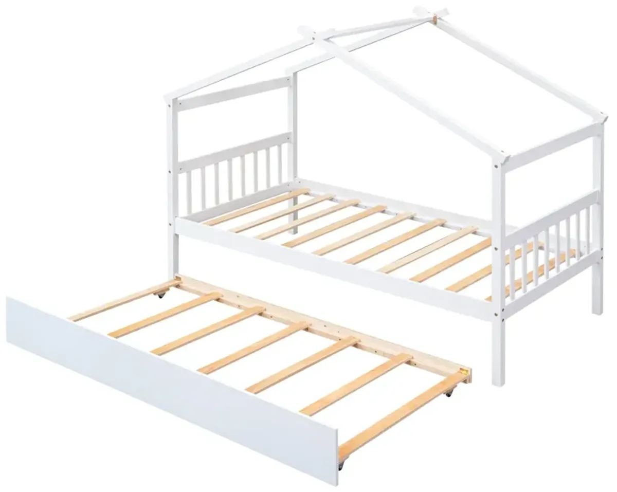 Wooden House Bed With Twin Size Trundle