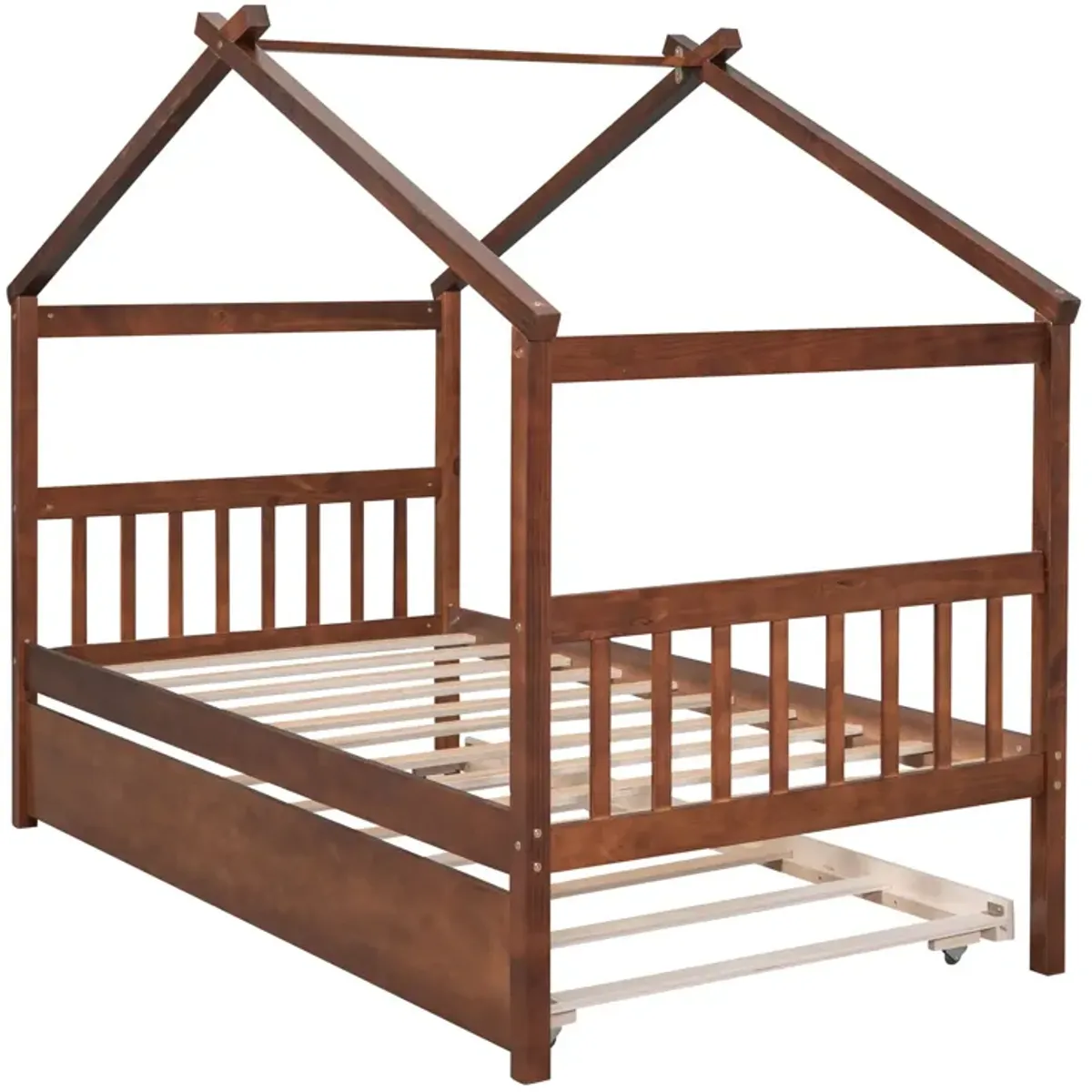 Wooden House Bed With Twin Size Trundle