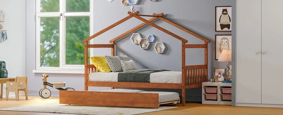 Wooden House Bed With Twin Size Trundle