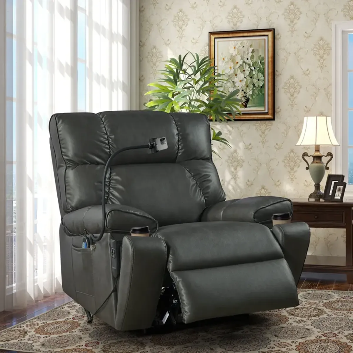 Recliner Chair With Phone Holder, Electric Power Lift Recliner Chair With 2 Motors Massage And Heat For Elderly, 3 Positions, 2 Side Pockets, Cup Holders