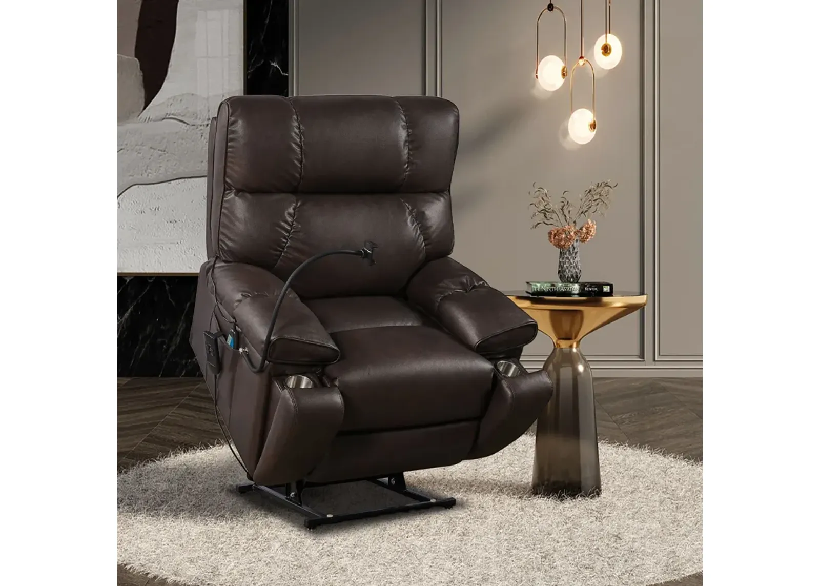 Recliner Chair With Phone Holder, Electric Power Lift Recliner Chair With 2 Motors Massage And Heat For Elderly, 3 Positions, 2 Side Pockets, Cup Holders