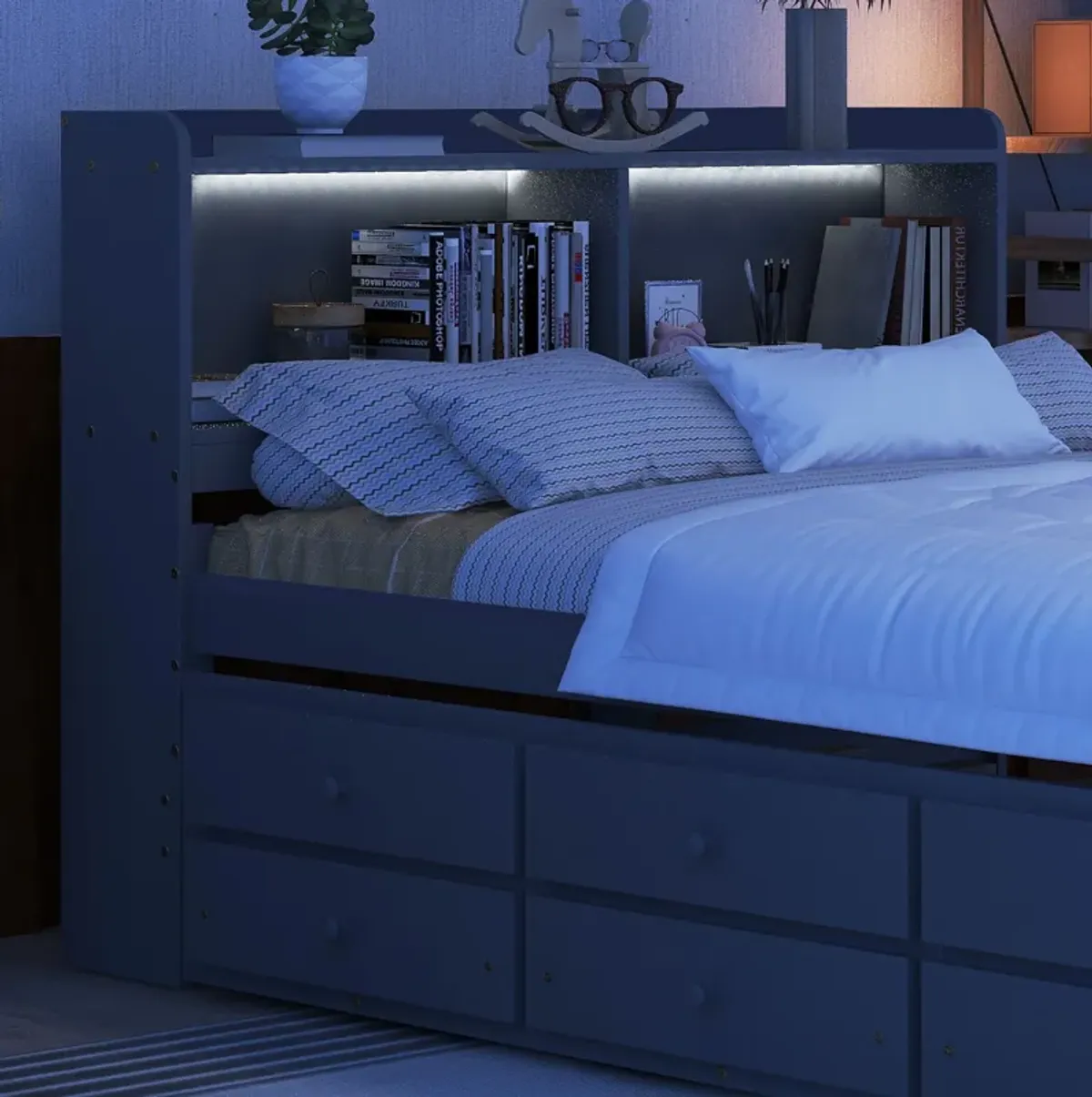 Bed With USB & Type-C Ports, LED Light, Bookcase Headboard, Trundle And 3 Storage Drawers, Bed With Bookcase Headboard, Trundle And Storage Drawers