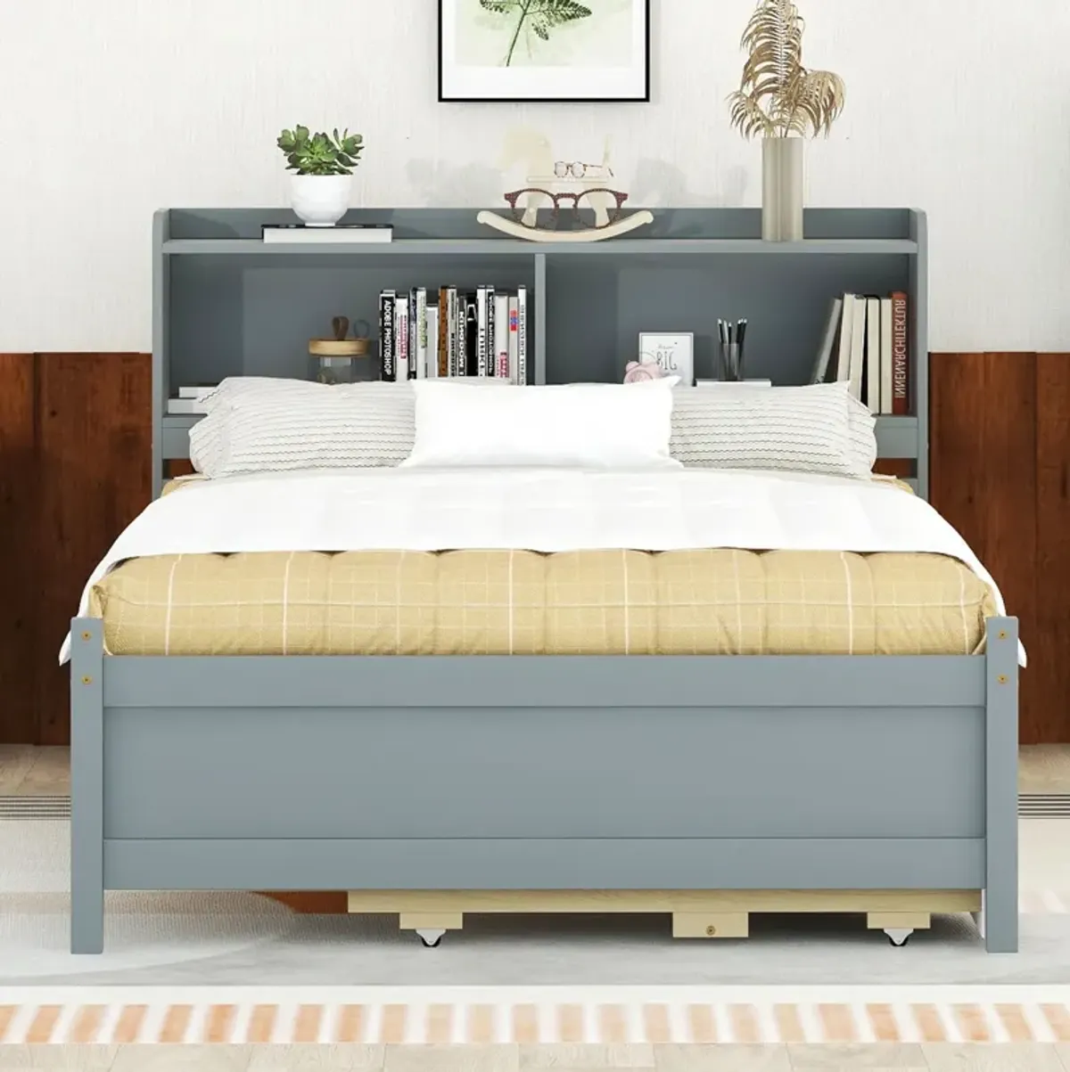 Bed With USB & Type-C Ports, LED Light, Bookcase Headboard, Trundle And 3 Storage Drawers, Bed With Bookcase Headboard, Trundle And Storage Drawers