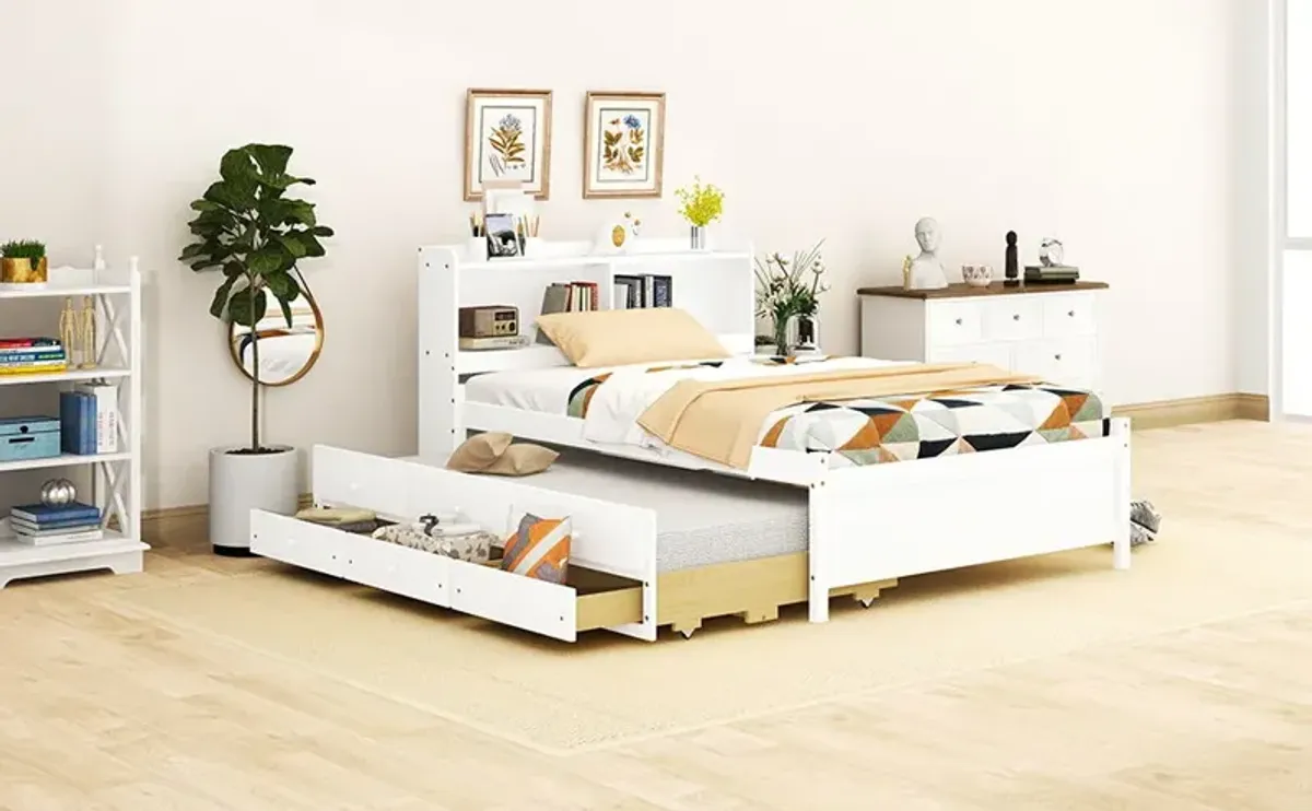 Bed With USB & Type-C Ports, LED Light, Bookcase Headboard, Trundle And 3 Storage Drawers, Bed With Bookcase Headboard, Trundle And Storage Drawers