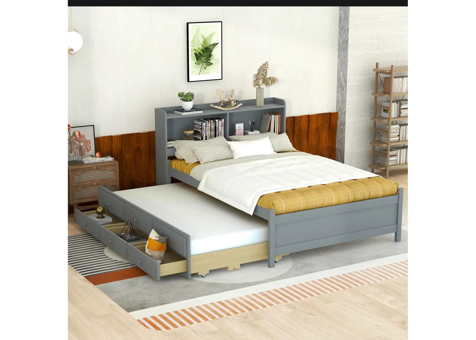 Bed With USB & Type-C Ports, LED Light, Bookcase Headboard, Trundle And 3 Storage Drawers, Bed With Bookcase Headboard, Trundle And Storage Drawers