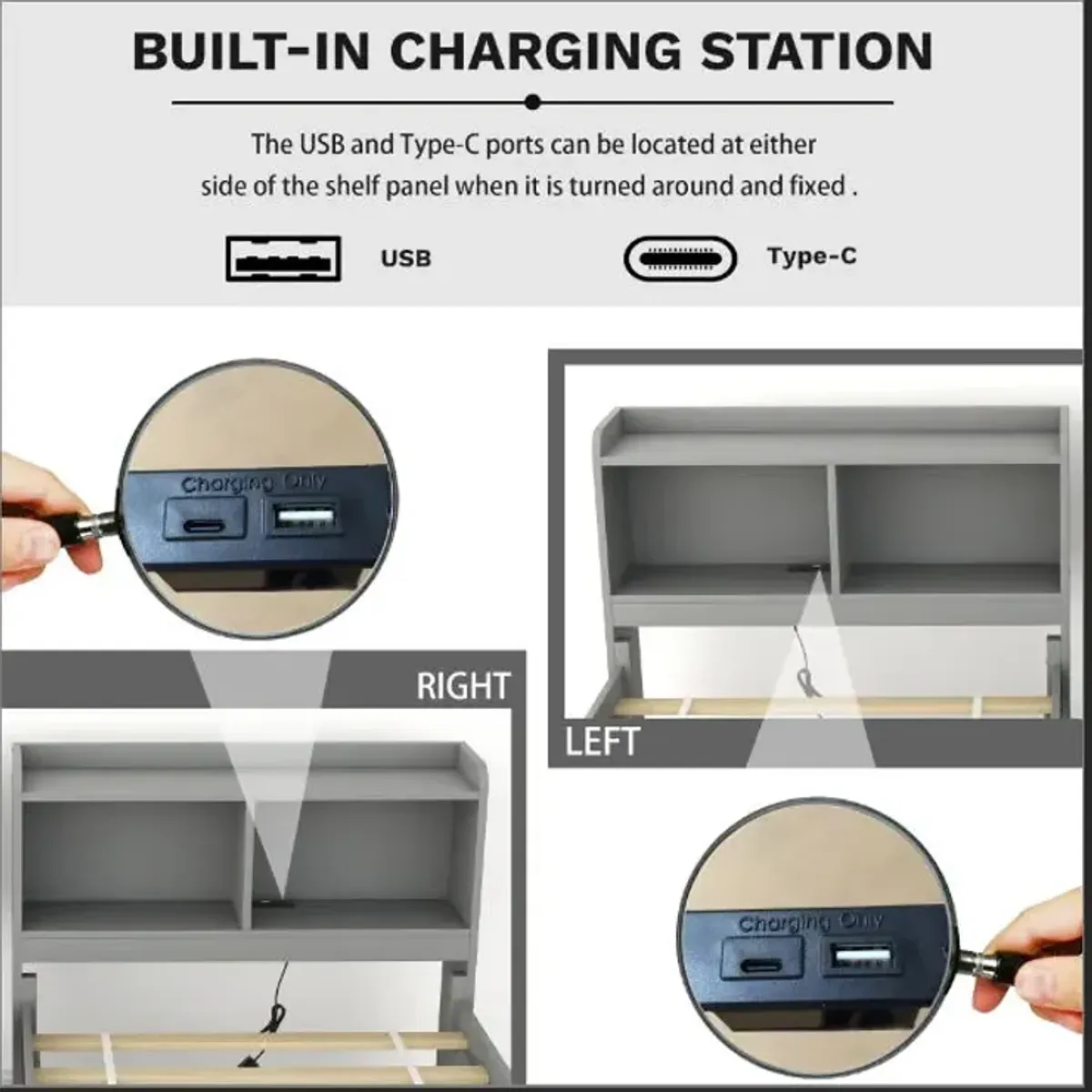 Bed With USB & Type-C Ports, LED Light, Bookcase Headboard, Trundle And 3 Storage Drawers, Bed With Bookcase Headboard, Trundle And Storage Drawers