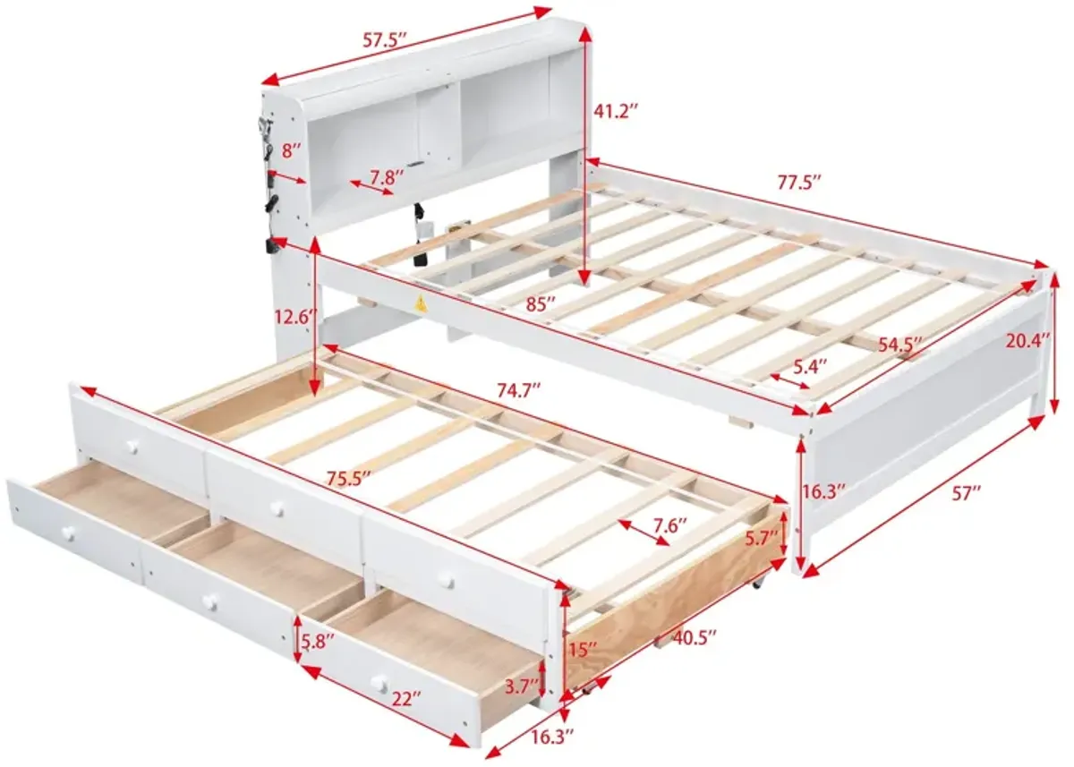 Bed With USB & Type-C Ports, LED Light, Bookcase Headboard, Trundle And 3 Storage Drawers, Bed With Bookcase Headboard, Trundle And Storage Drawers