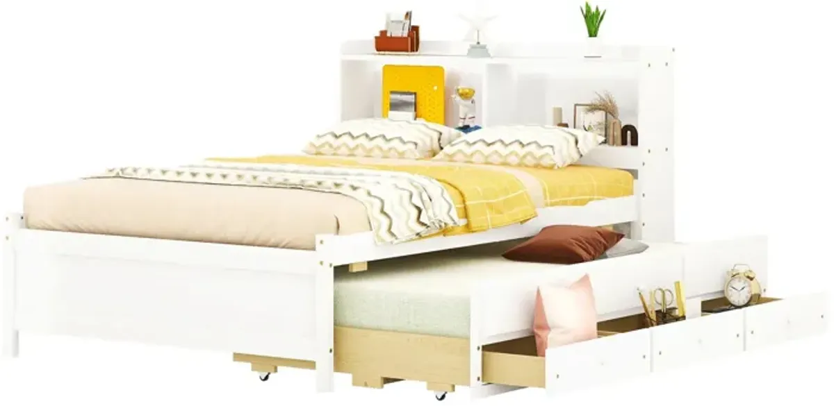 Bed With USB & Type-C Ports, LED Light, Bookcase Headboard, Trundle And 3 Storage Drawers, Bed With Bookcase Headboard, Trundle And Storage Drawers