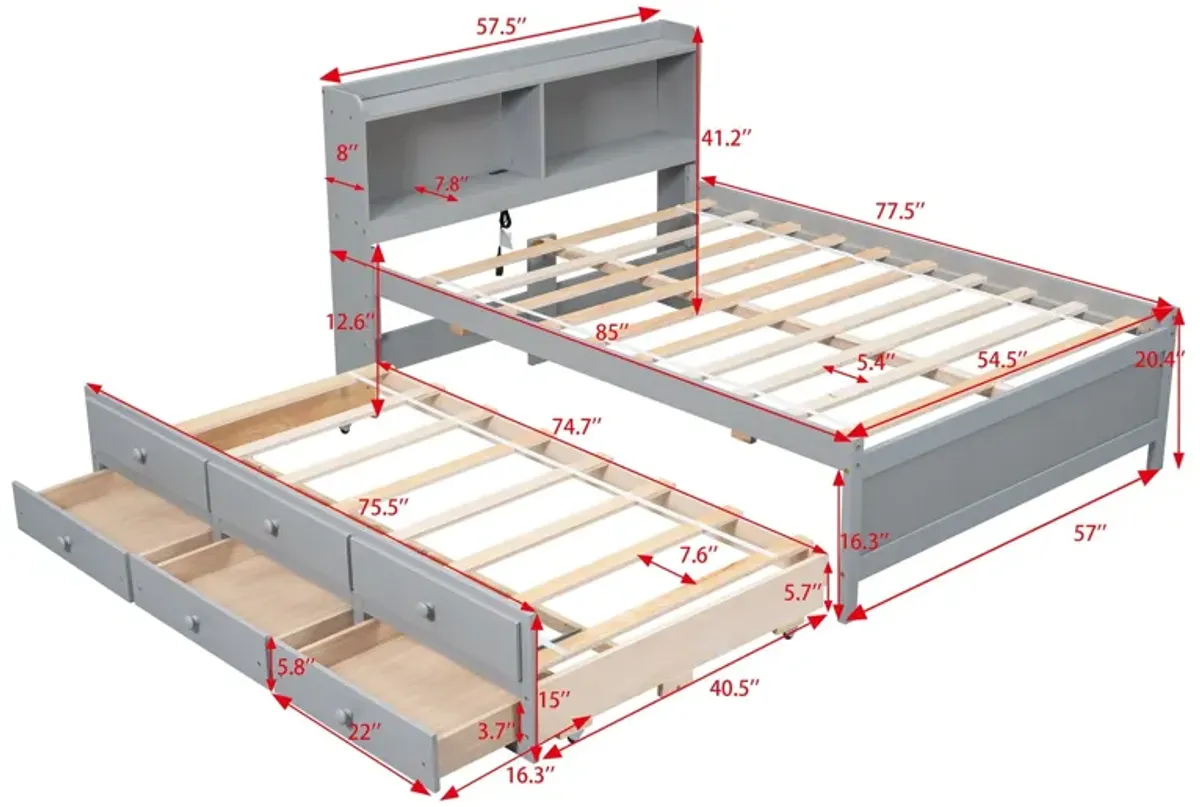 Bed With USB & Type-C Ports, LED Light, Bookcase Headboard, Trundle And 3 Storage Drawers, Bed With Bookcase Headboard, Trundle And Storage Drawers