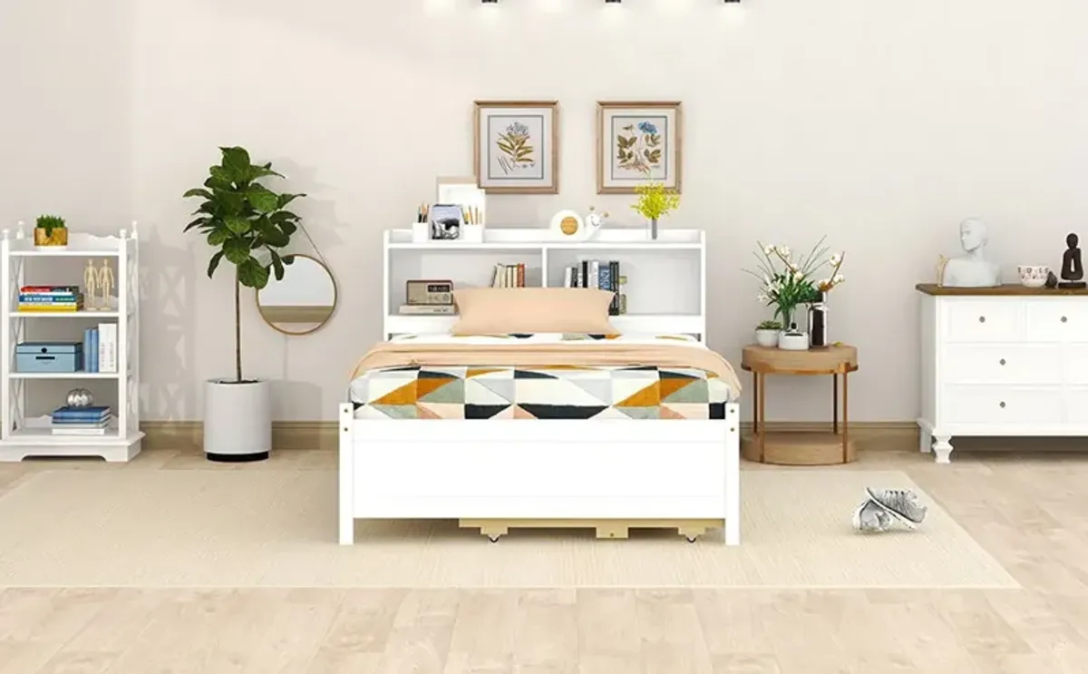 Bed With USB & Type-C Ports, LED Light, Bookcase Headboard, Trundle And 3 Storage Drawers, Bed With Bookcase Headboard, Trundle And Storage Drawers