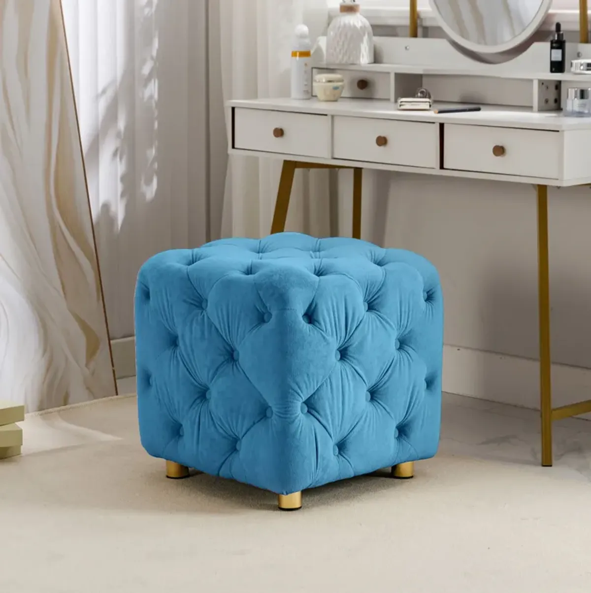 Modern Velvet Upholstered Ottoman, Exquisite Small End Table, Soft Foot Stool, Dressing Makeup Chair, Comfortable Seat For Living Room, Bedroom, Entrance