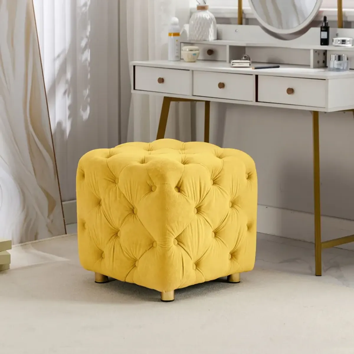 Modern Velvet Upholstered Ottoman, Exquisite Small End Table, Soft Foot Stool, Dressing Makeup Chair, Comfortable Seat For Living Room, Bedroom, Entrance