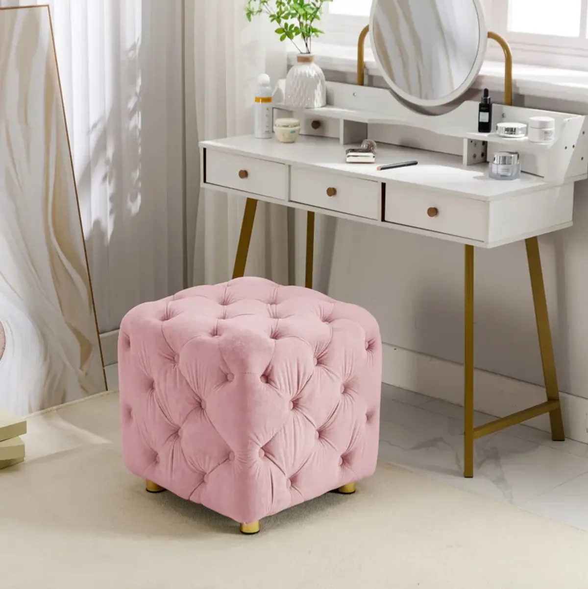 Modern Velvet Upholstered Ottoman, Exquisite Small End Table, Soft Foot Stool, Dressing Makeup Chair, Comfortable Seat For Living Room, Bedroom, Entrance