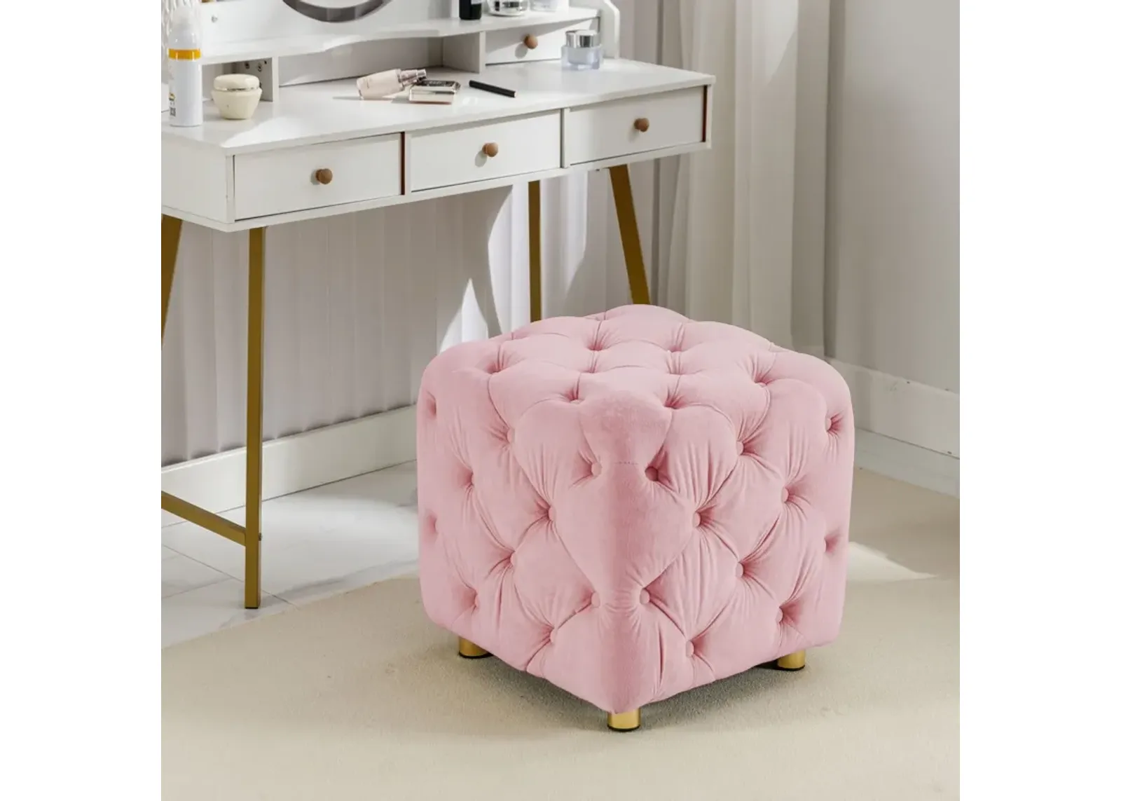 Modern Velvet Upholstered Ottoman, Exquisite Small End Table, Soft Foot Stool, Dressing Makeup Chair, Comfortable Seat For Living Room, Bedroom, Entrance