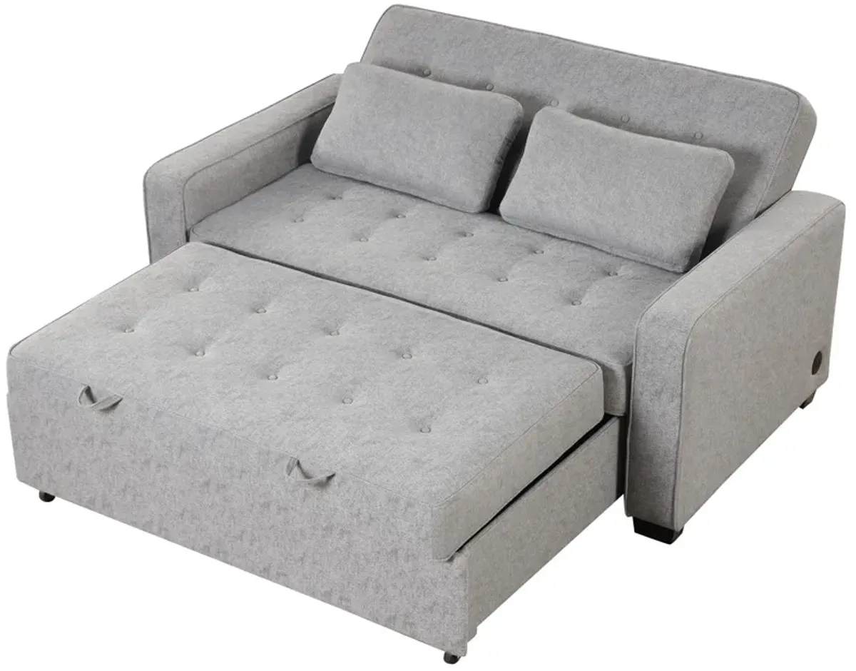 Upholstered Sleeper Bed, Pull Out Sofa Bed Couch Attached Two Throw Pillows, Dual USB Charging Port And Adjustable Backrest For Living Room Space