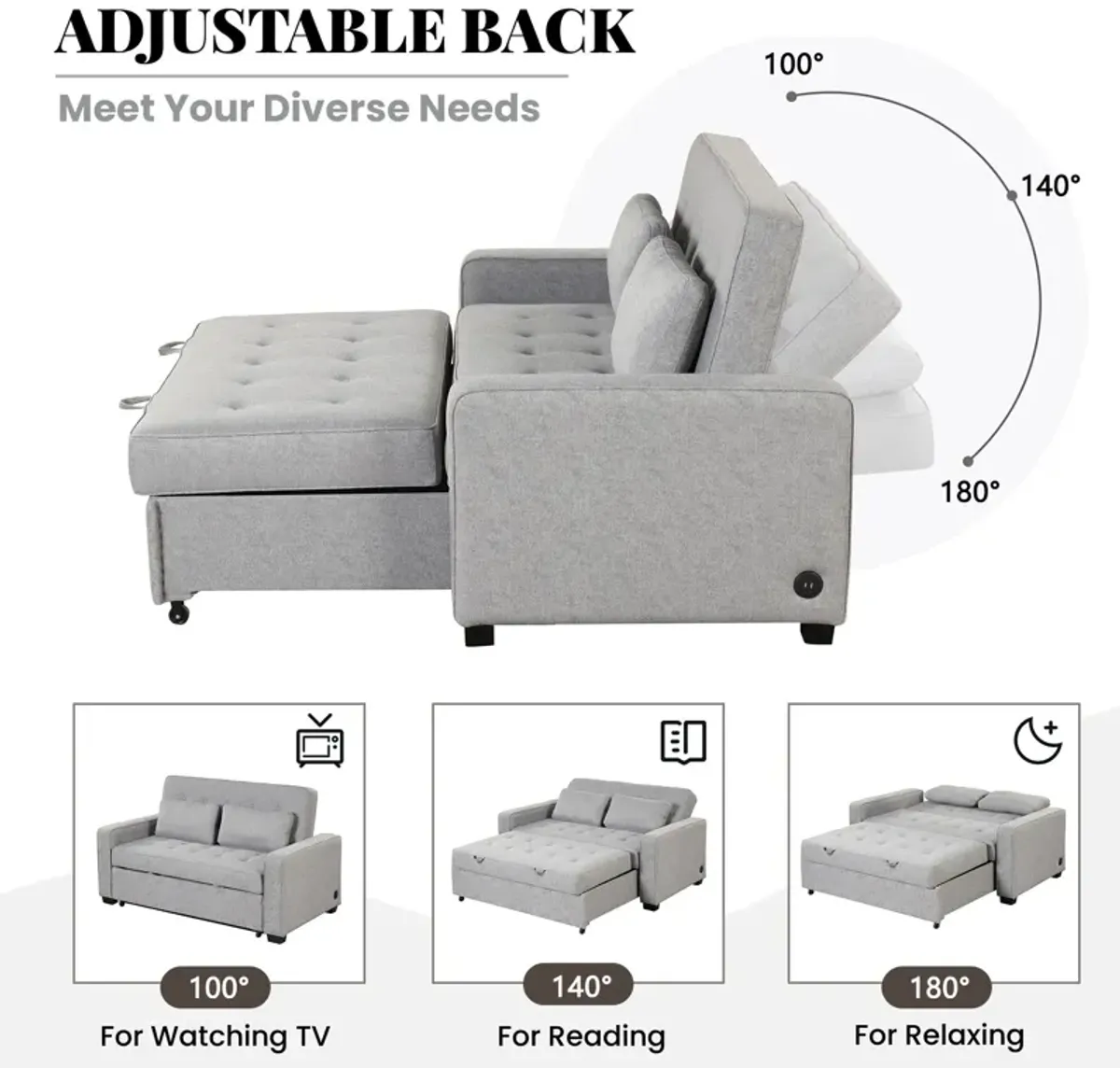 Upholstered Sleeper Bed, Pull Out Sofa Bed Couch Attached Two Throw Pillows, Dual USB Charging Port And Adjustable Backrest For Living Room Space