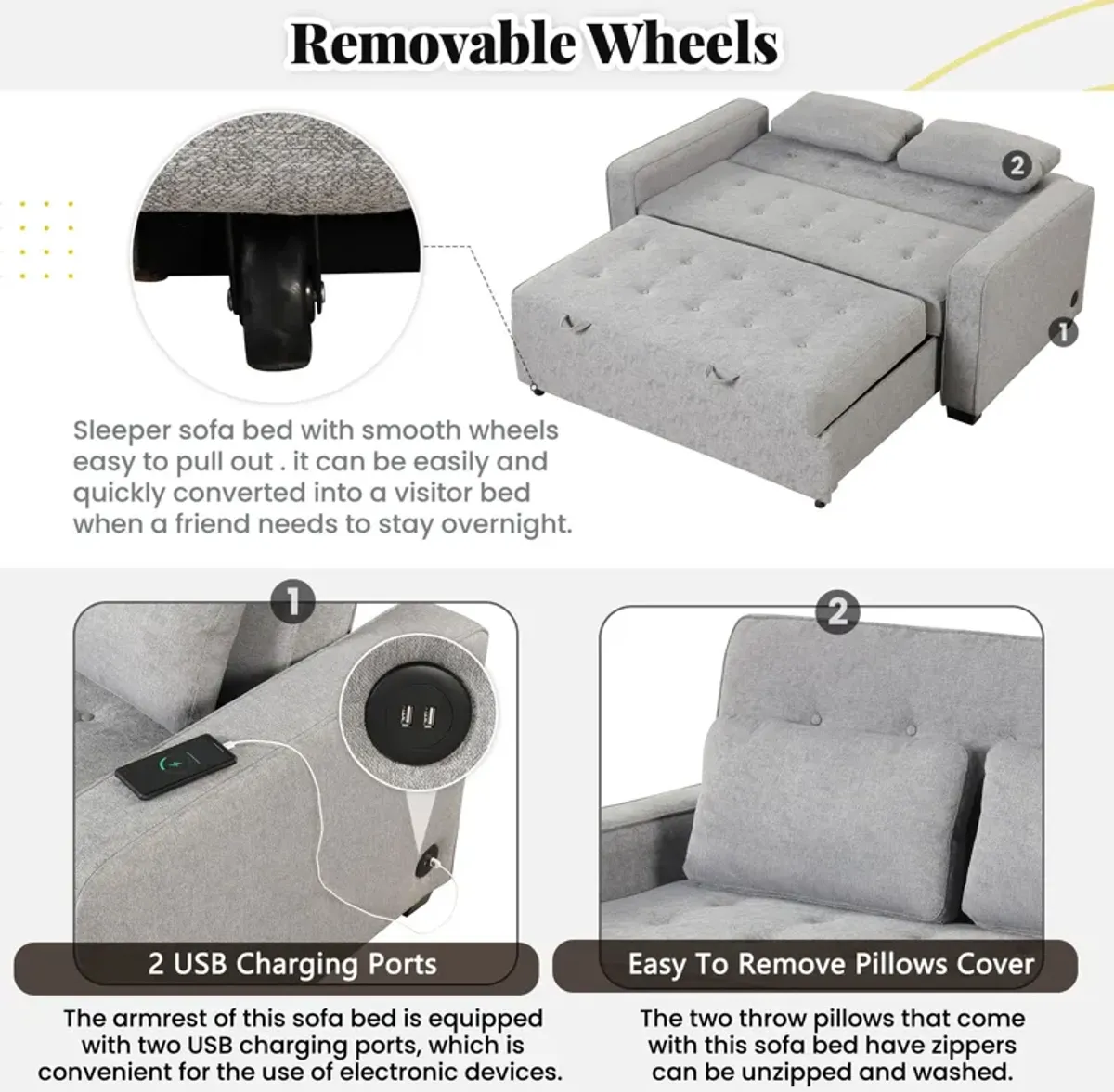 Upholstered Sleeper Bed, Pull Out Sofa Bed Couch Attached Two Throw Pillows, Dual USB Charging Port And Adjustable Backrest For Living Room Space