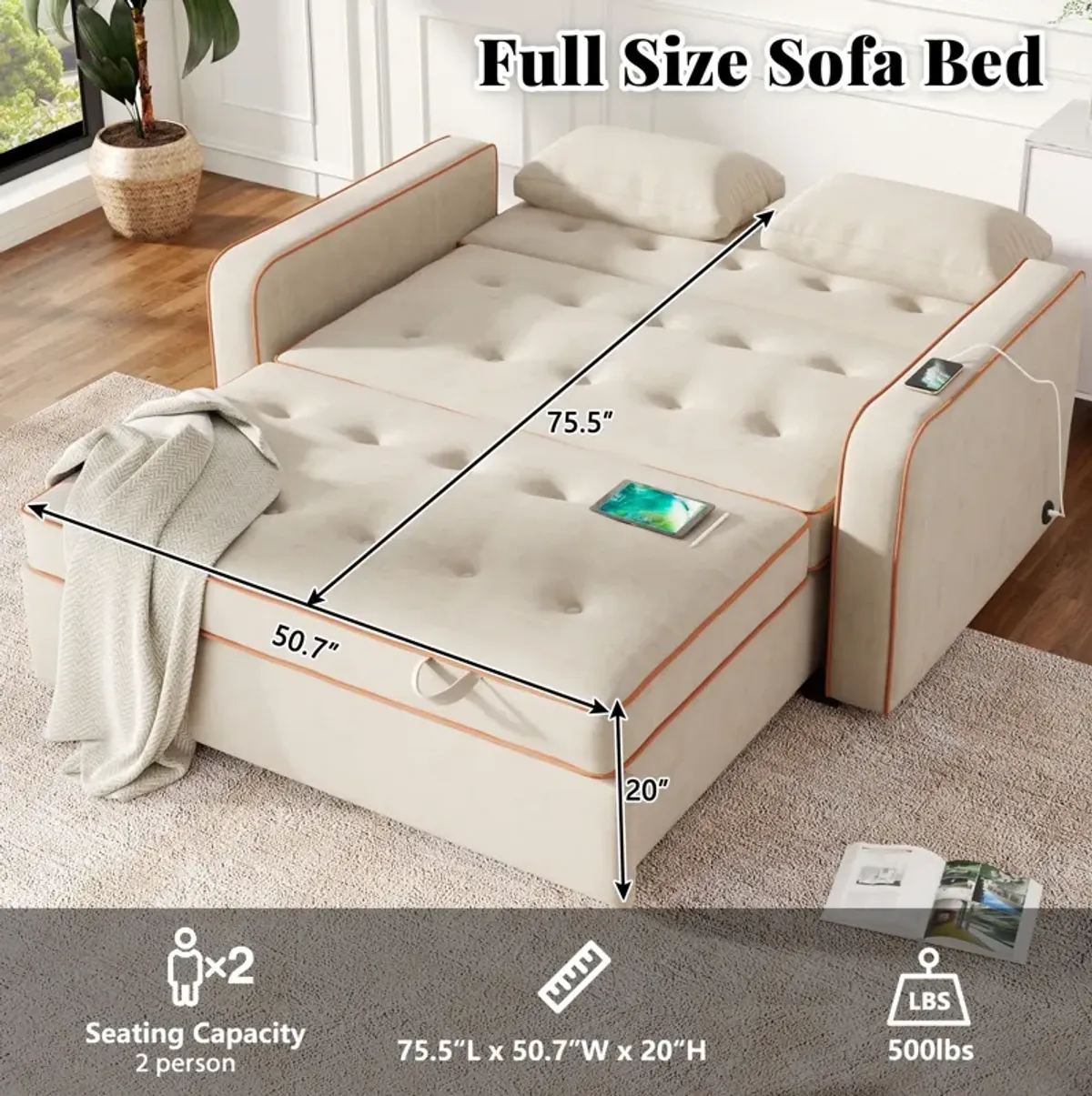 Upholstered Sleeper Bed, Pull Out Sofa Bed Couch Attached Two Throw Pillows, Dual USB Charging Port And Adjustable Backrest For Living Room Space