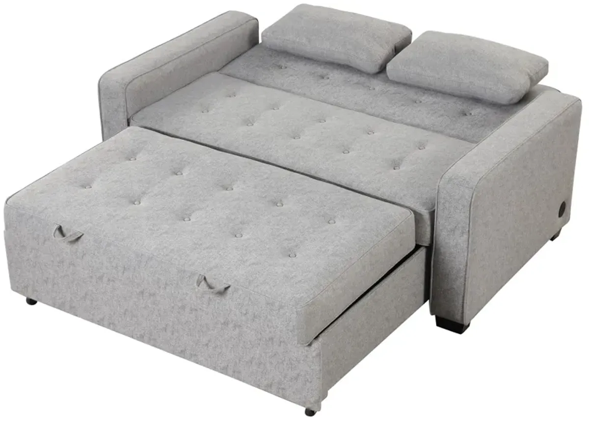 Upholstered Sleeper Bed, Pull Out Sofa Bed Couch Attached Two Throw Pillows, Dual USB Charging Port And Adjustable Backrest For Living Room Space