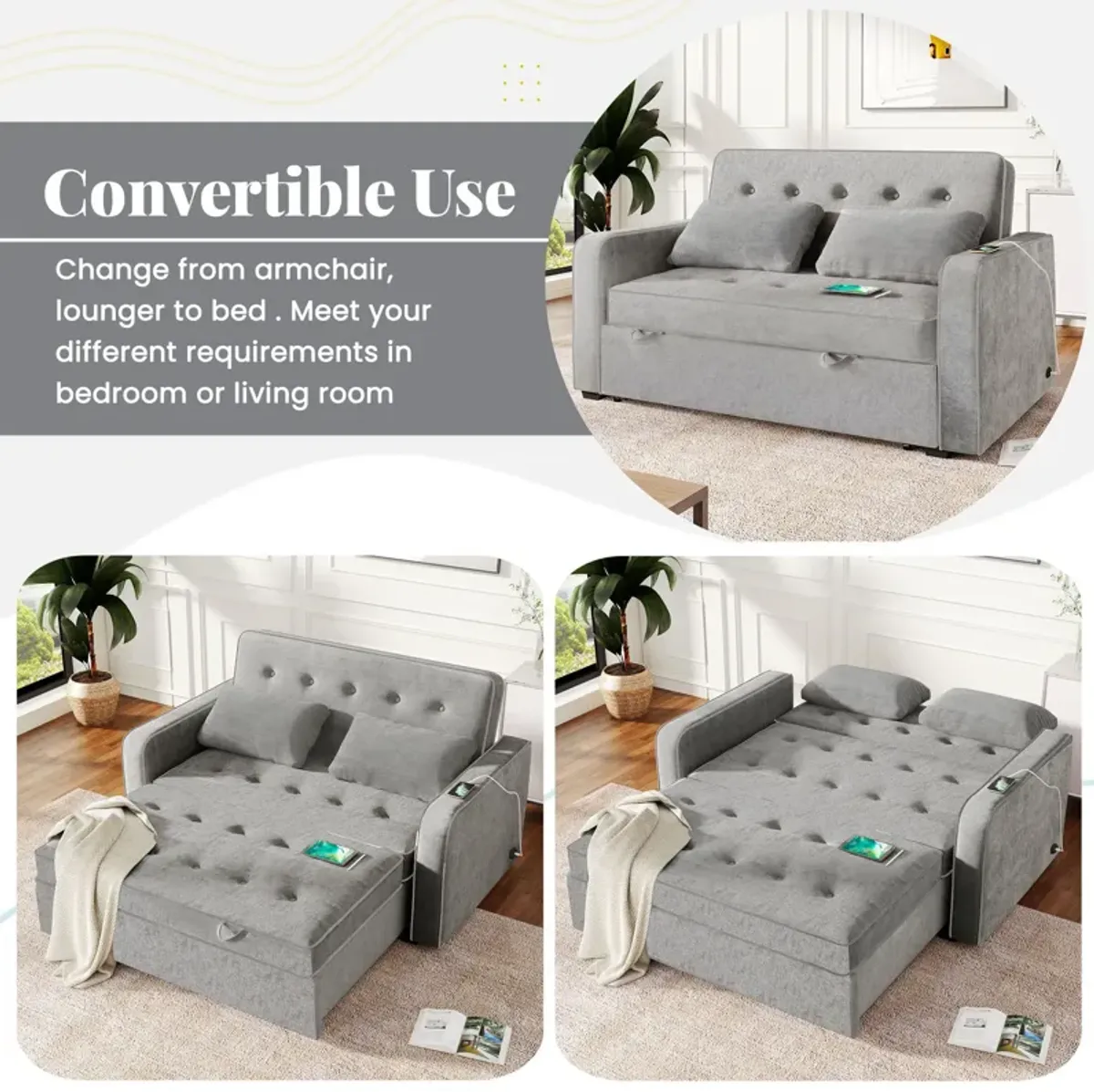 Upholstered Sleeper Bed, Pull Out Sofa Bed Couch Attached Two Throw Pillows, Dual USB Charging Port And Adjustable Backrest For Living Room Space